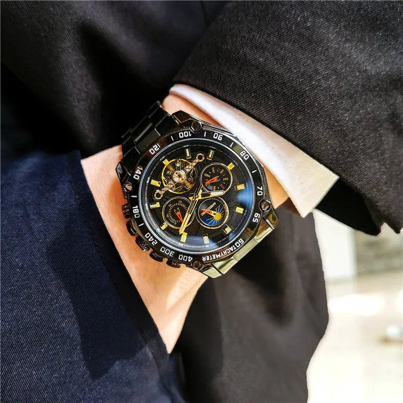 Men's automatic mechanical watch with stainless steel case on wrist, showing multi-functional dial.