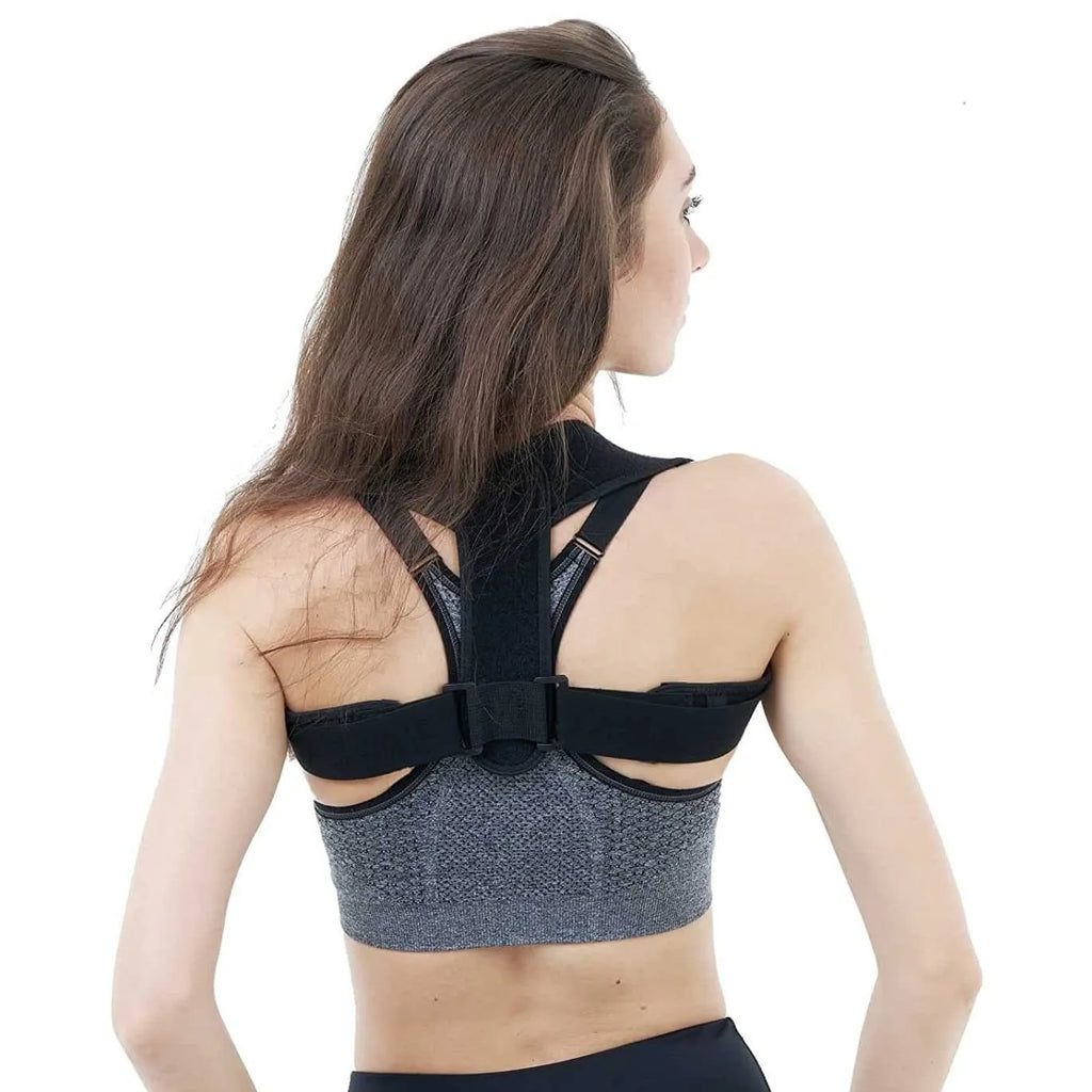 Black adjustable invisible posture correction strap for back support and spinal alignment