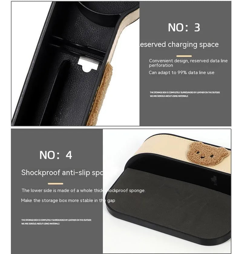 Leather car seat gap storage box with cartoon bear design for vehicle interior organisation