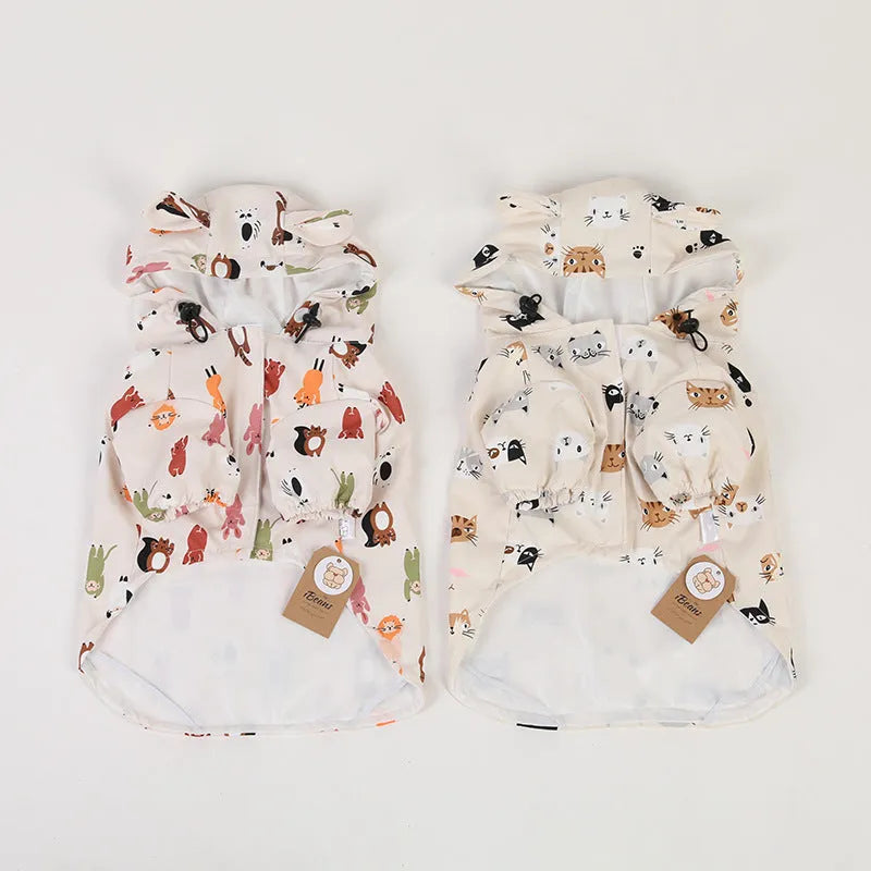 Beige cartoon pattern dog raincoat with double waterproof coating and PU material