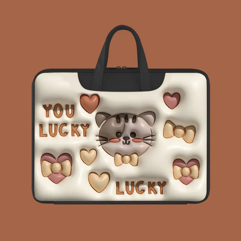 Inflatable PU leather laptop bag with hanging strap shown in a cute panda pattern design.