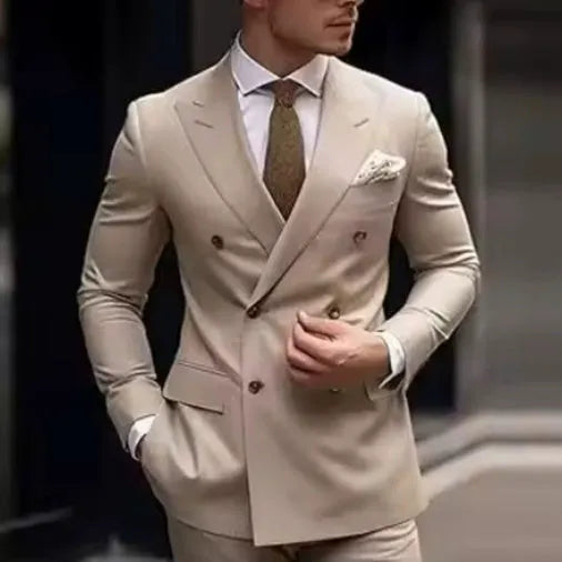 Men's Korean-style slim fit two-piece suit in cotton blend fabric showing jacket and trousers