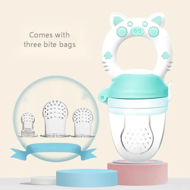 Soft BPA-free silicone baby teether in blue, green, or pink colour, shown in single and three-piece style options.