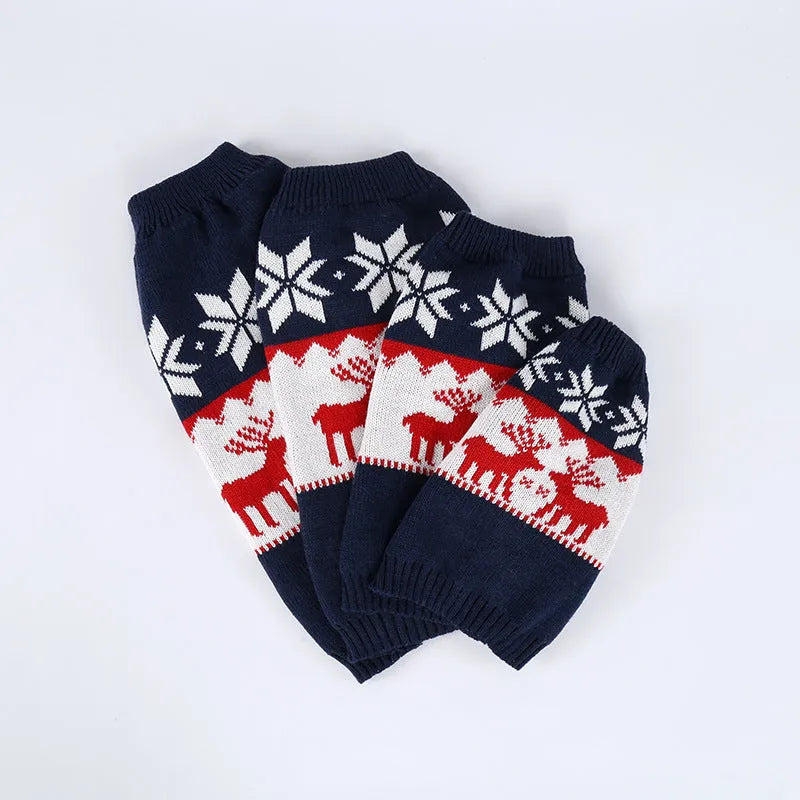 Navy blue knitted Christmas sweater for dogs on various sized pets