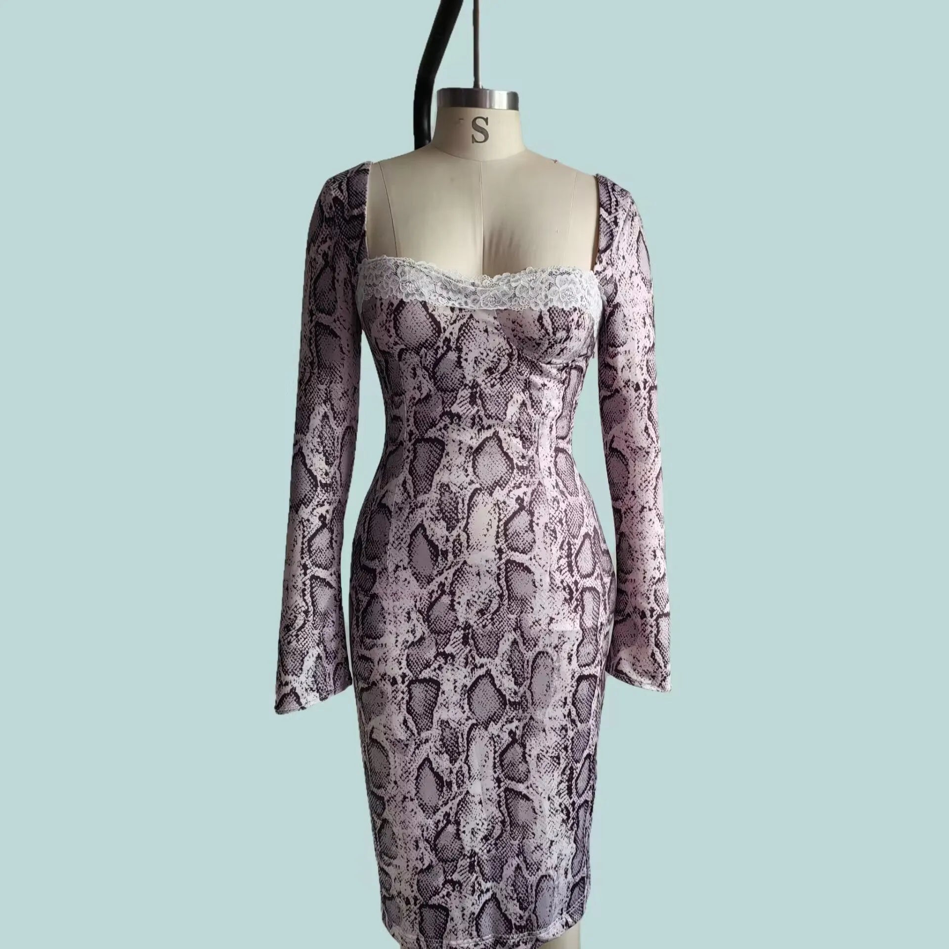 Grey slim fit lace dress with digital printed 3D pattern and A-line skirt design