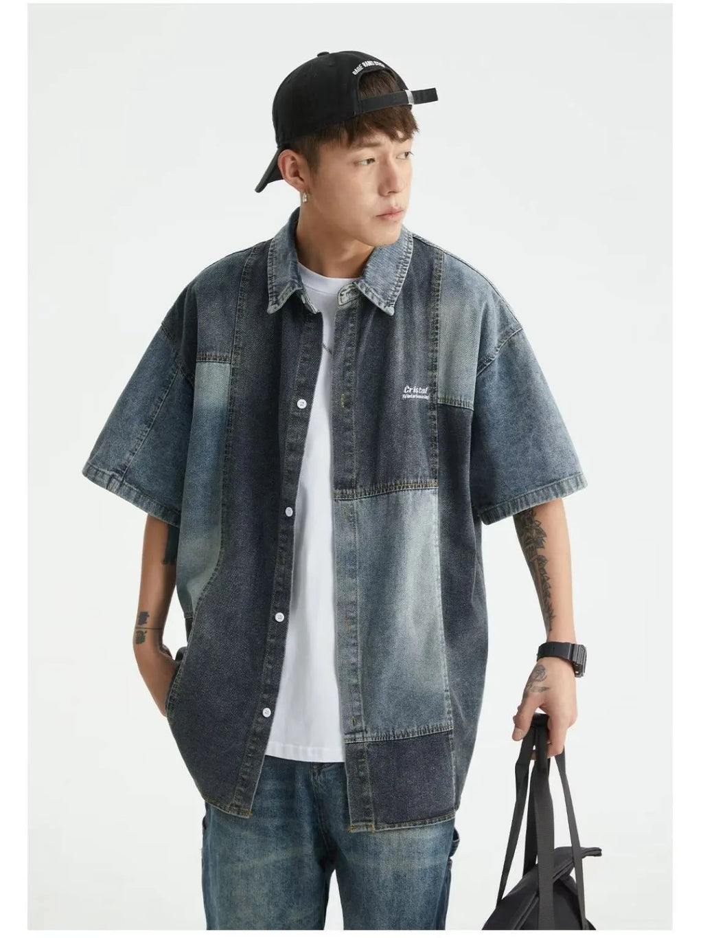 Blue men's loose-fit denim shirt with Japanese retro wash and stitching details