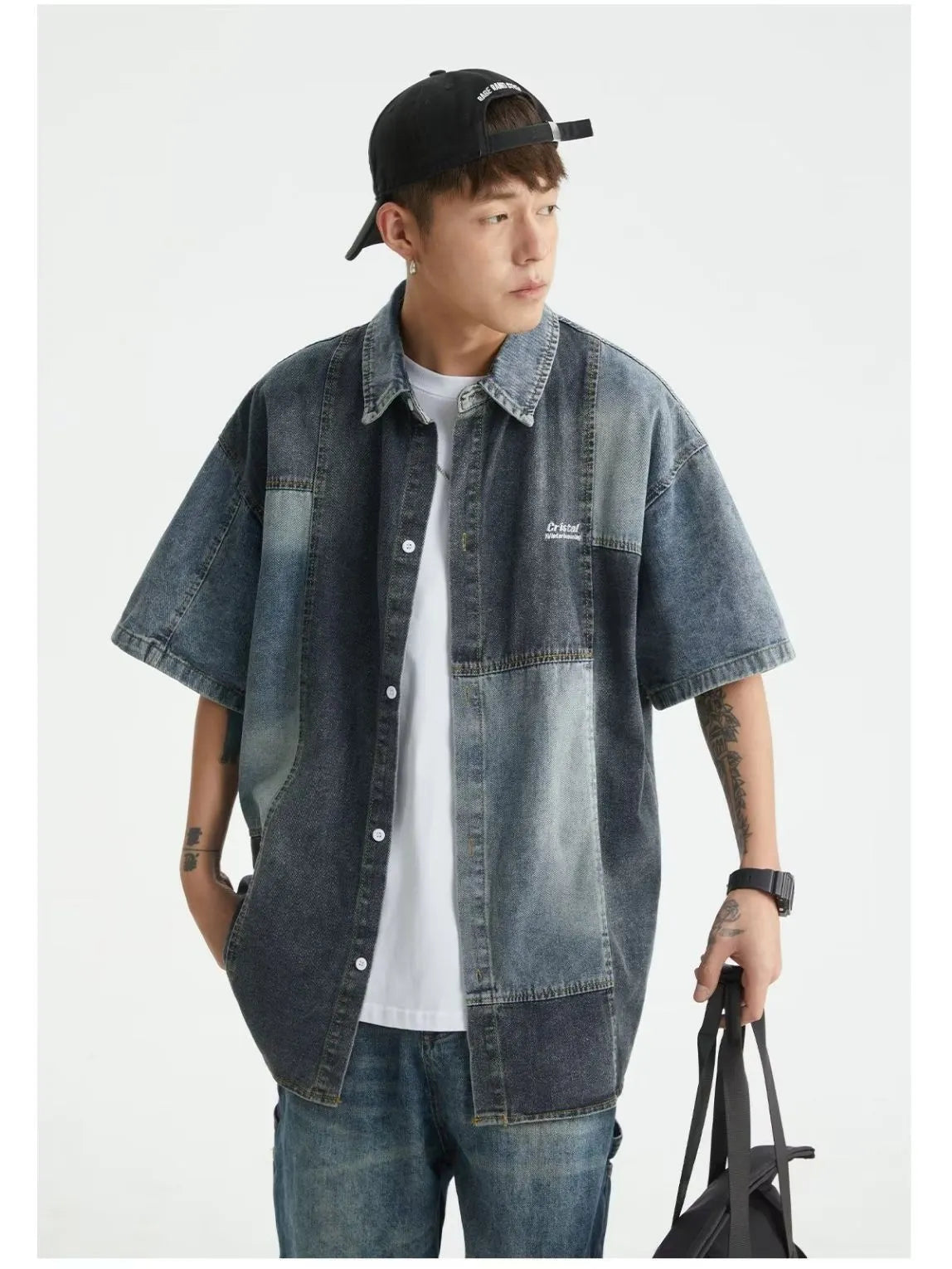 Blue men's loose-fit denim shirt with Japanese retro wash and stitching details