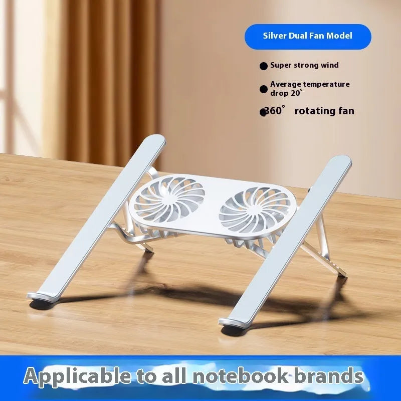 Aluminium alloy laptop cooling stand with dual fans and adjustable height mechanism, shown in silver colour