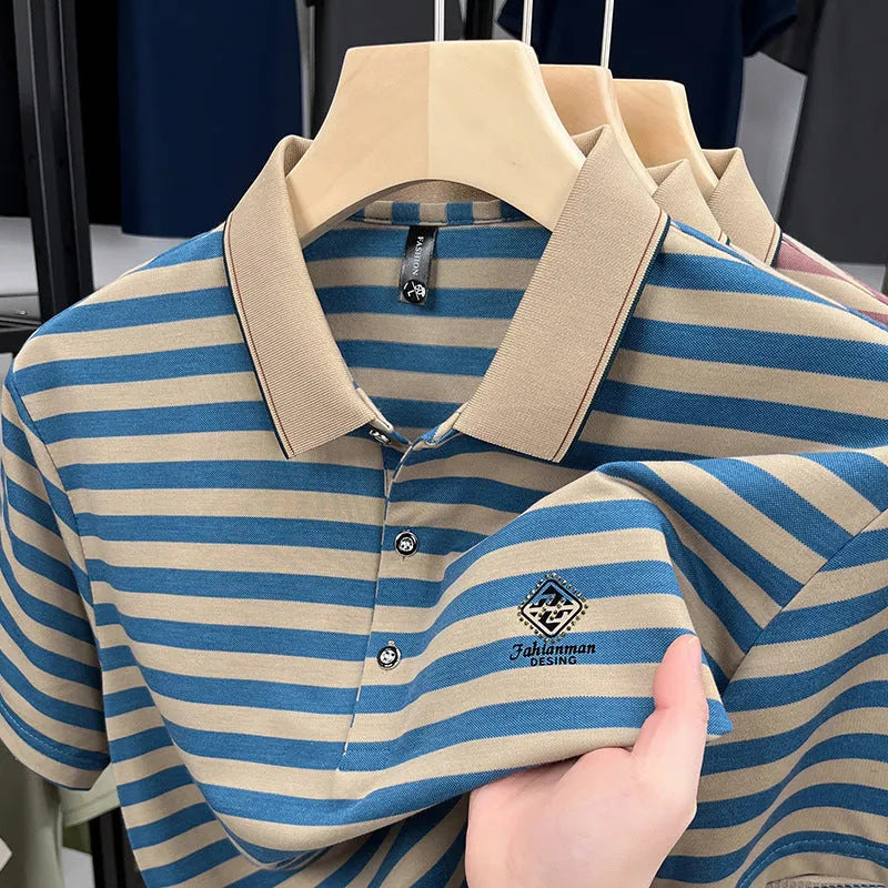 Men's striped mosaic pattern short sleeve casual t-shirt in red, blue, or green colour.