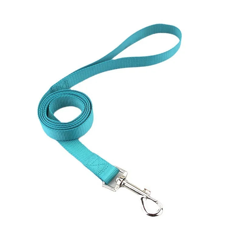 Solid colour nylon dog rope leash showing four width options and multiple colour choices for pet control