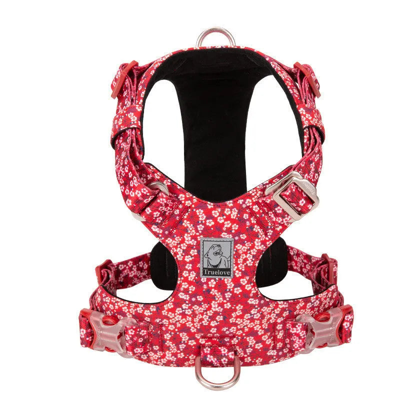 Pure cotton dog harness in a floral pattern, showing the chest strap and pull-resistant design.