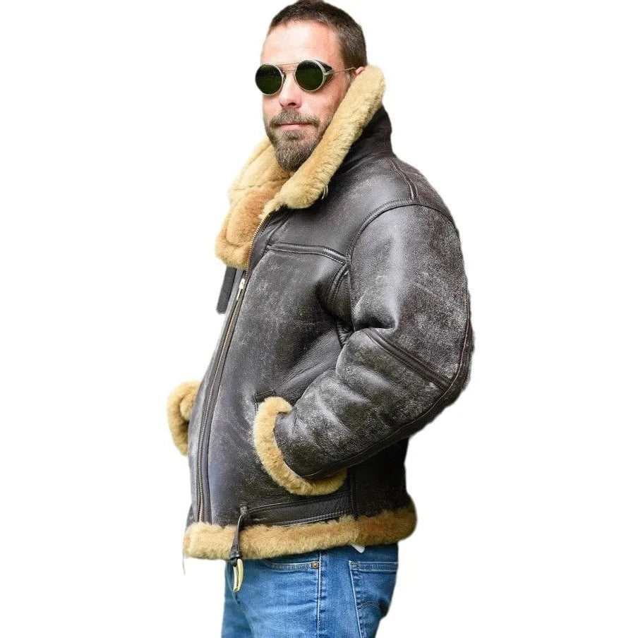 Men's brown retro-style synthetic fur coat with side pockets on a neutral background.