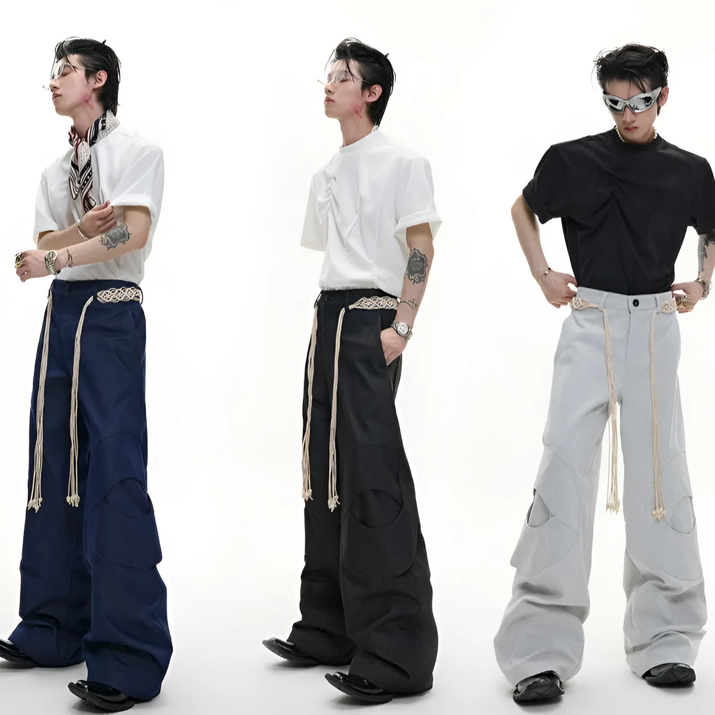 Men's straight-leg cotton trousers in dark colours with placket zipper and decorative pocket details
