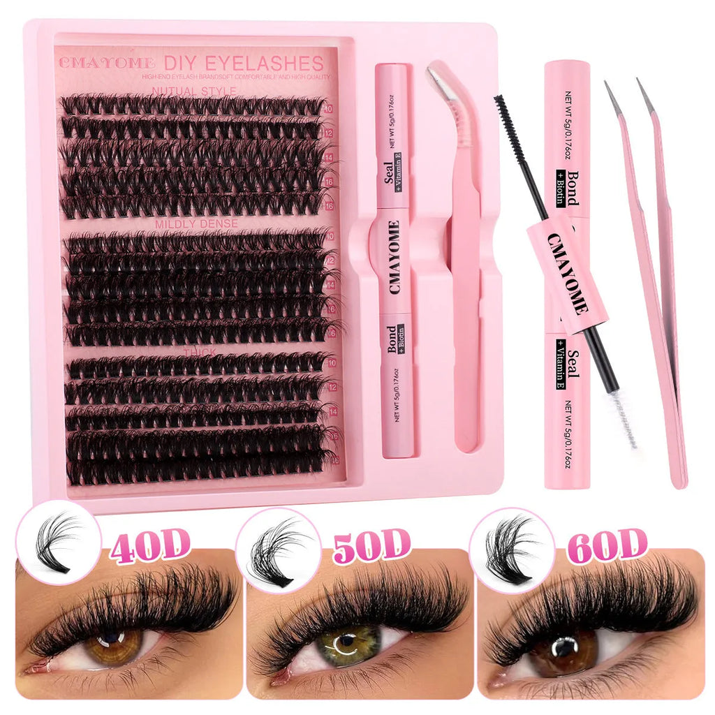 DIY false eyelashes cluster set with applicator tweezers for lash extensions