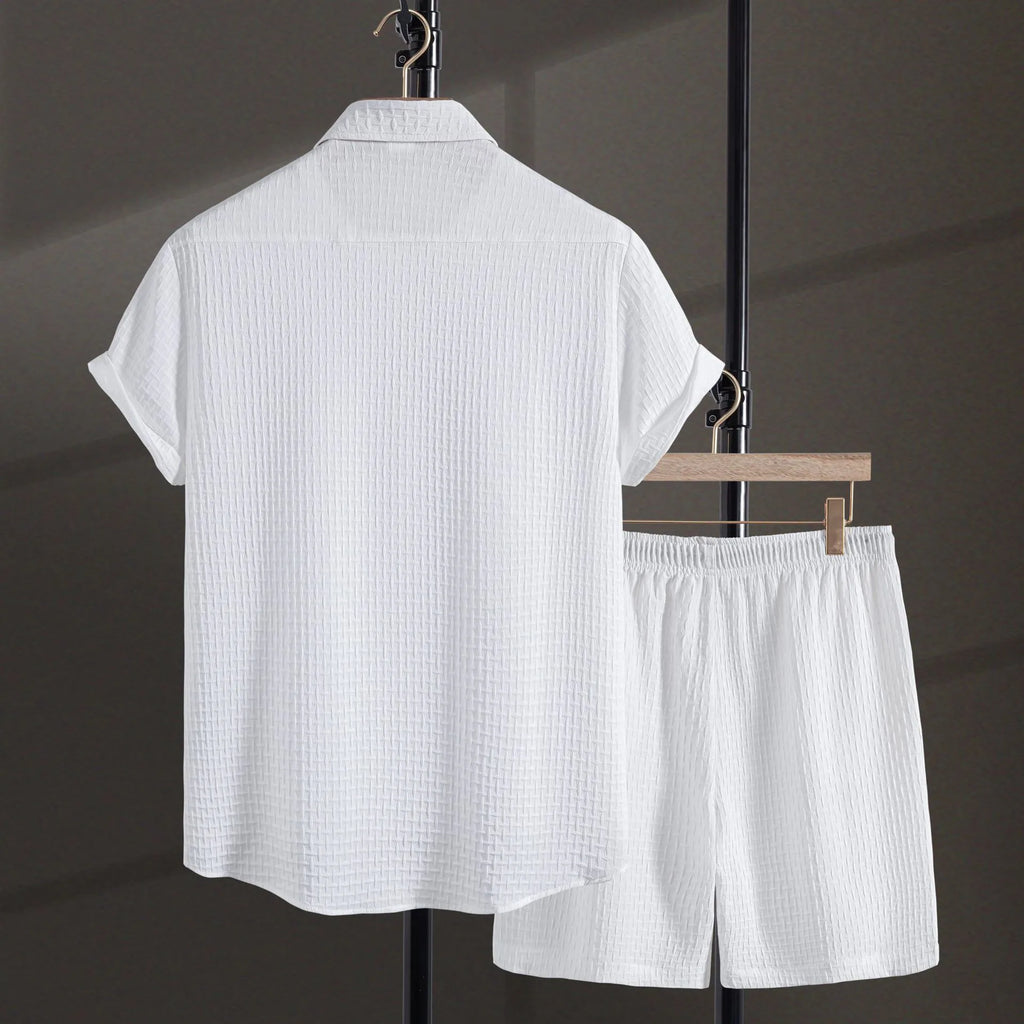 Men's black cotton blend beach shorts suit with short sleeve shirt and matching shorts