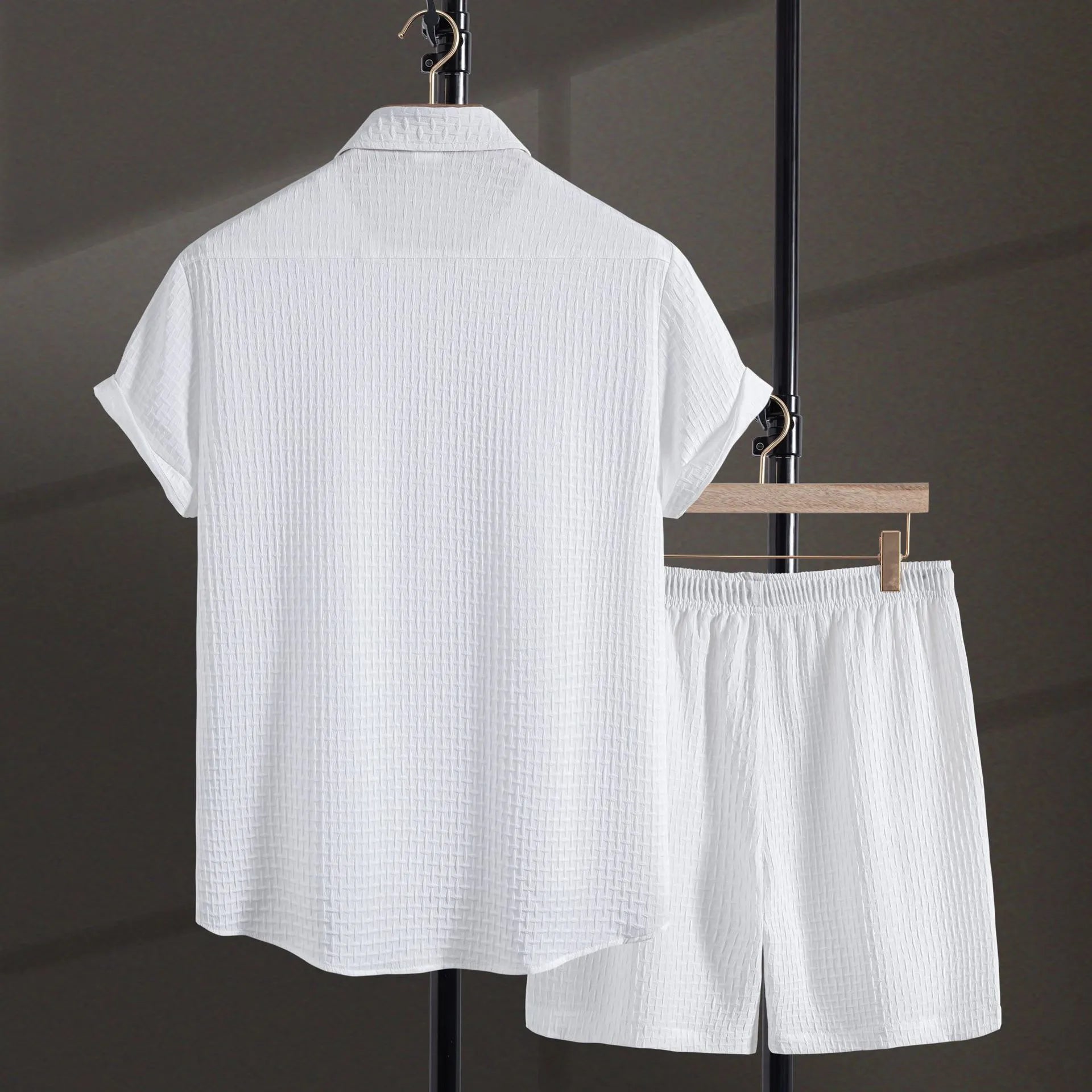 Men's black cotton blend beach shorts suit with short sleeve shirt and matching shorts
