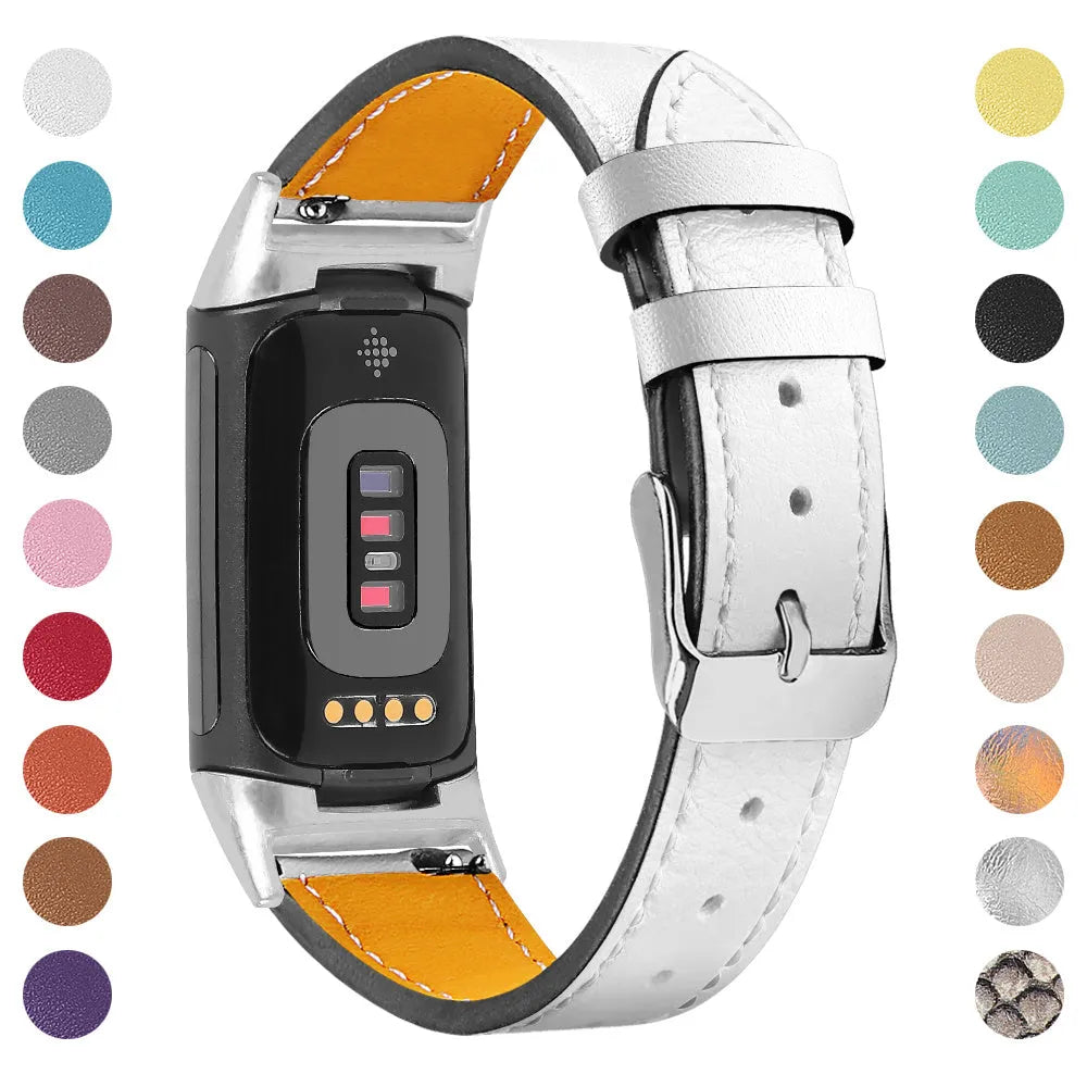 Genuine leather replacement strap for Fitbit Charge 5 and Charge 6 smartwatches in multiple colour options.