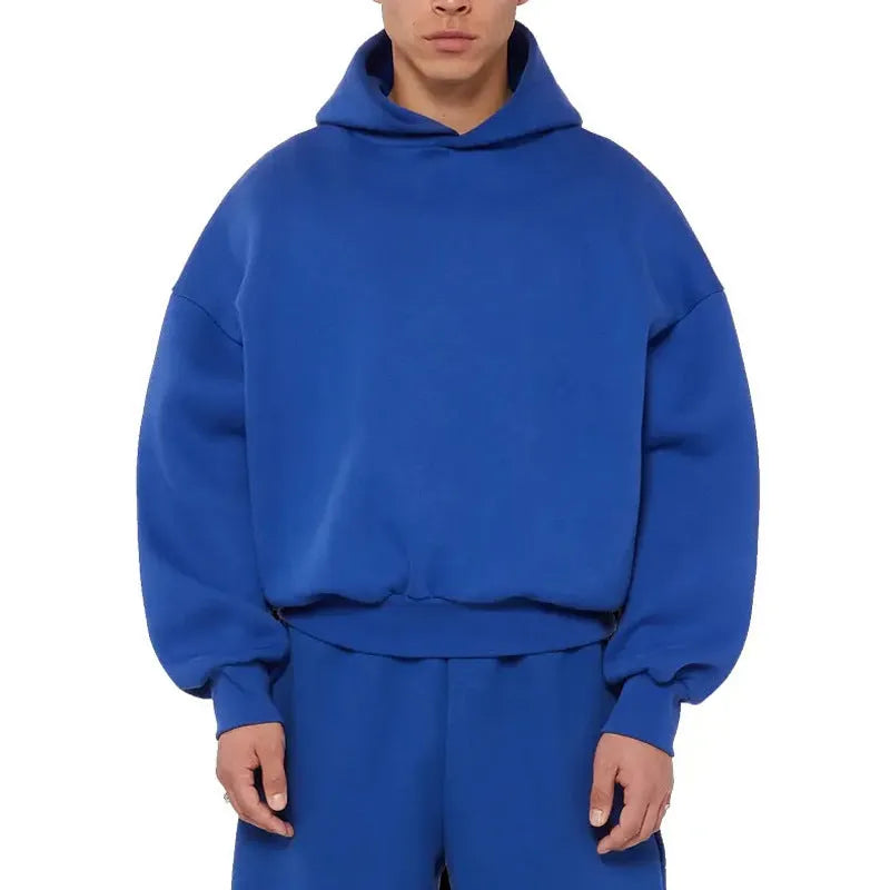Men's fleece-lined cotton hoodie sweater in solid colour with wool lining and pullover design
