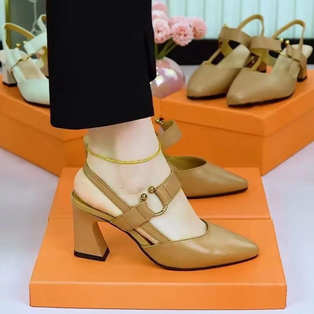 Women's apricot coloured closed toe sandals with a chunky heel, made from pigskin leather.