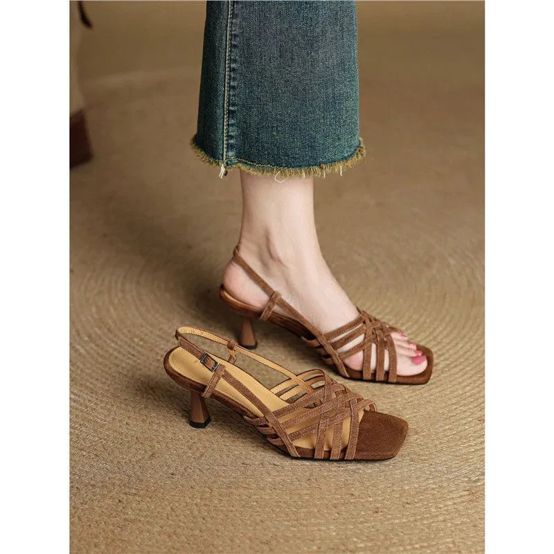 Women's retro thin strap high heel sandals with square toe and ankle buckle in light brown