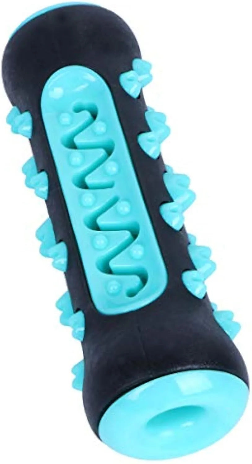 A natural rubber dog toothbrush chew toy in blue colour, showing its textured surface and stick shape.