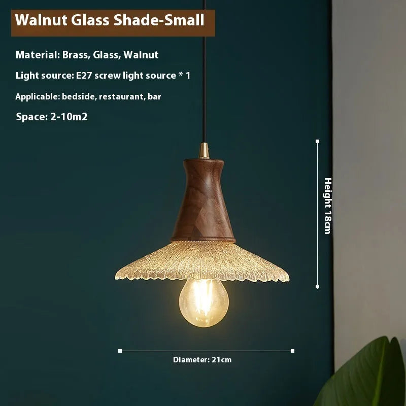 Retro brass and glass ceiling chandelier with wooden body for restaurant lighting