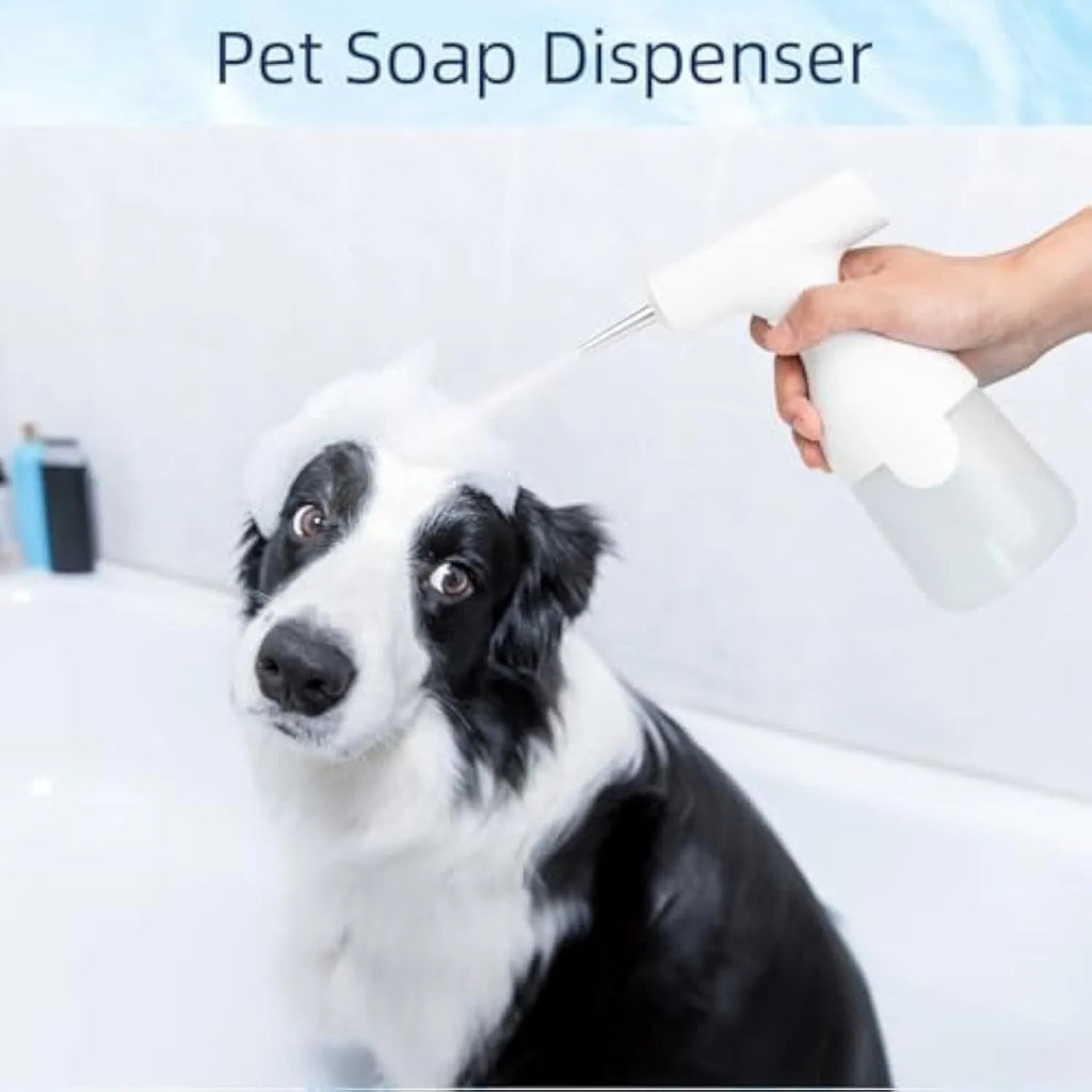 White electric foam soap dispenser with dual nozzles and rechargeable battery for pet and home cleaning