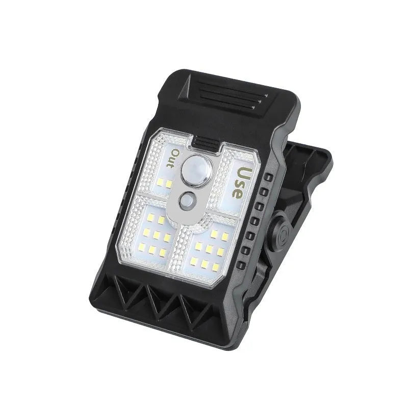 White ABS plastic clip lamp with motion sensor and LED light, shown with dimensions.