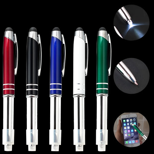 Red multifunctional metal-tipped stylus ballpoint pen with a built-in LED light.