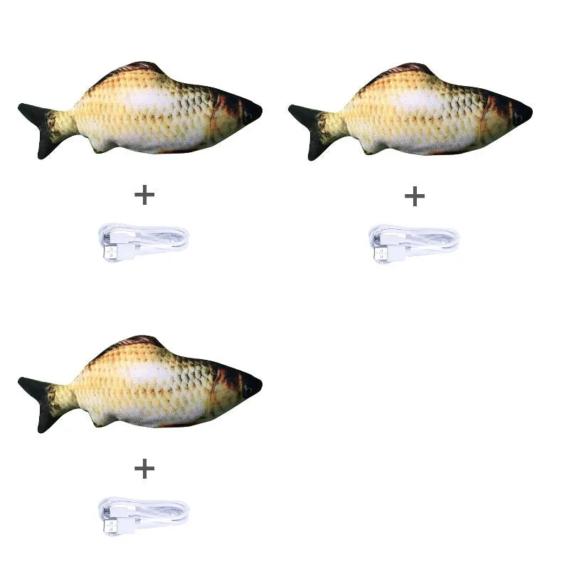 Electric jumping fish simulation cat toy showing multicolor options and USB charging cable.