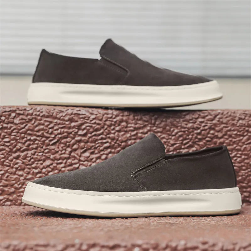 Men's grey and apricot casual shoes with round toe, PU leather upper and rubber sole
