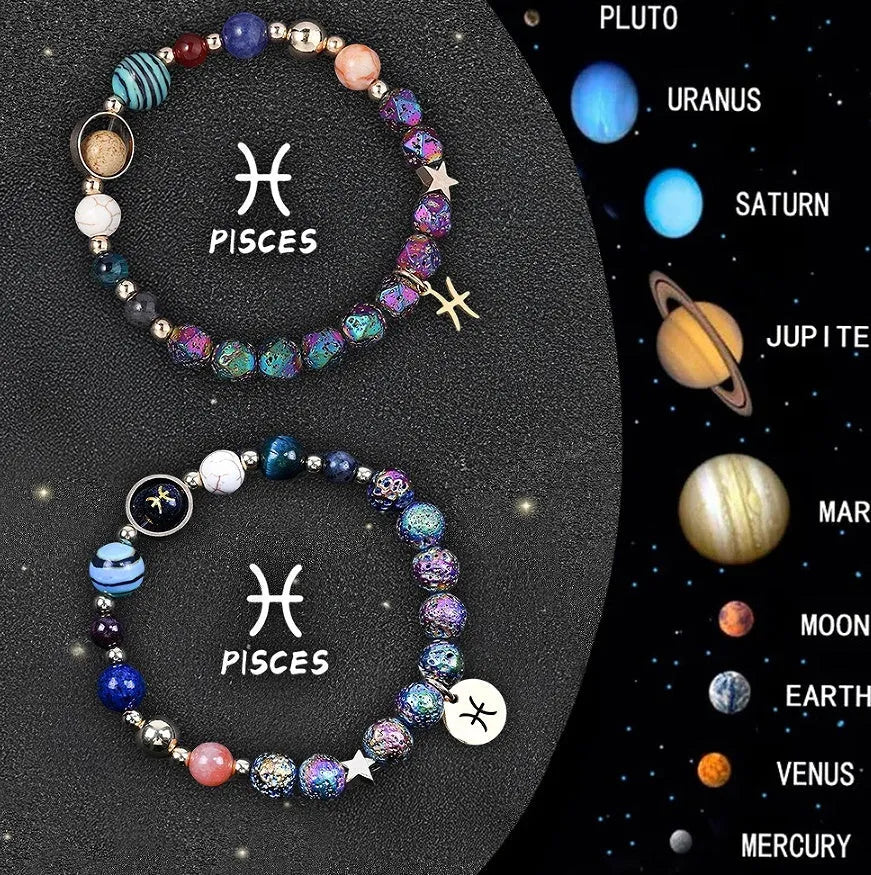 Set of two natural stone beaded bracelets with metal zodiac charms on an elastic cord.