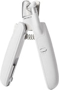White pet nail clippers with LED light, open transparent splash guard, and separate nail file on a table