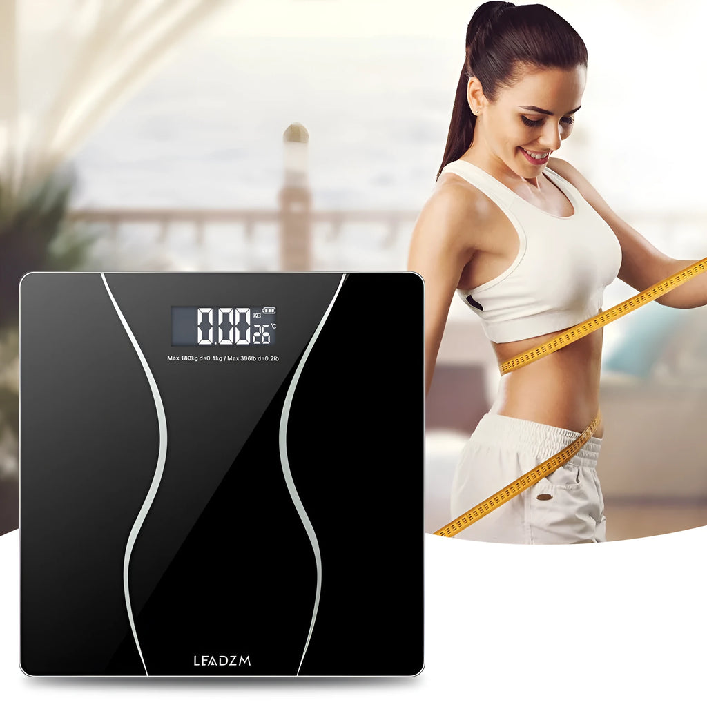 Black electronic body scale with digital display for personal weight measurement up to 180kg