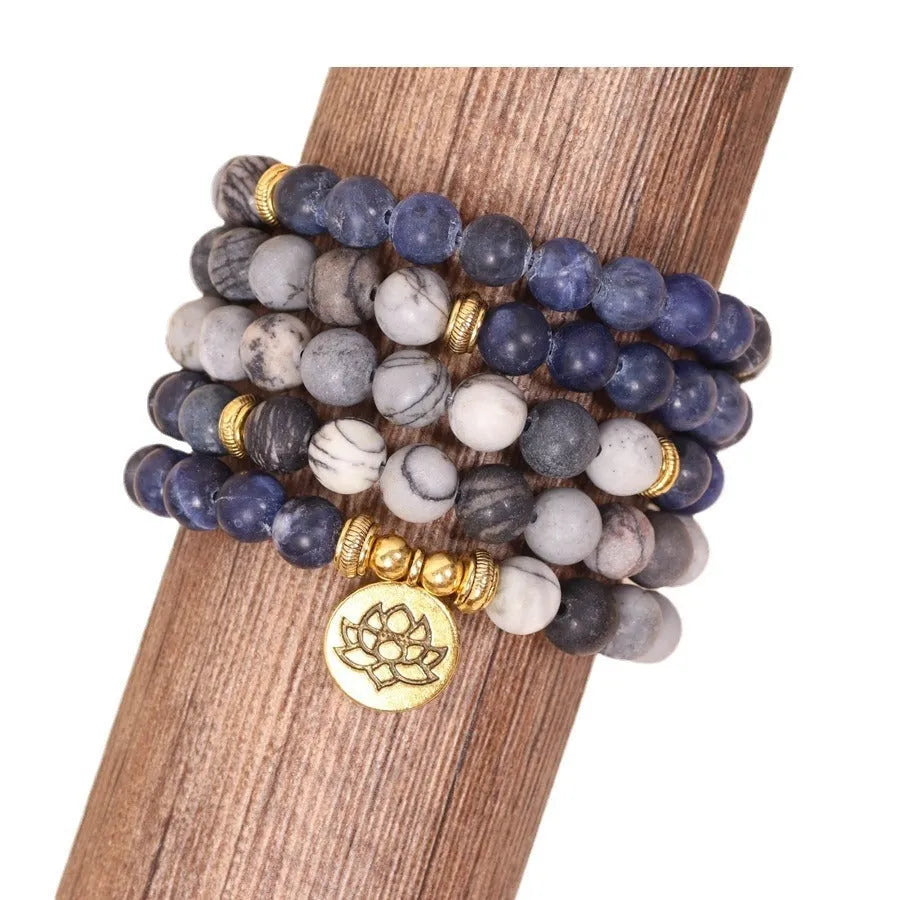 Blue patterned network stone beads on multi-layer alloy metal bracelet showing fresh sweet style
