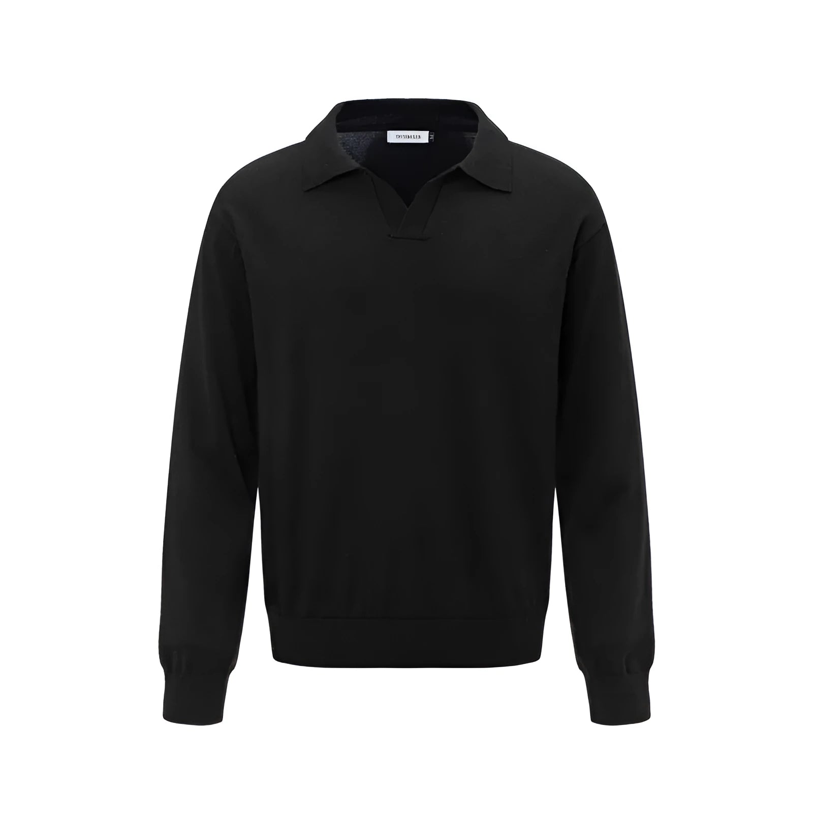 Man wearing a loose black acrylic blend pullover bottoming shirt for casual leisure wear.