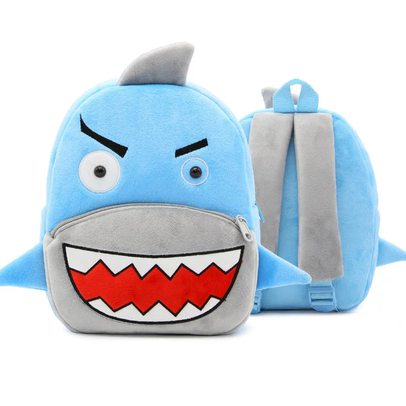 Soft plush children's backpack in cartoon animal design, shown with zipper open, dimensions 26cm by 24cm.