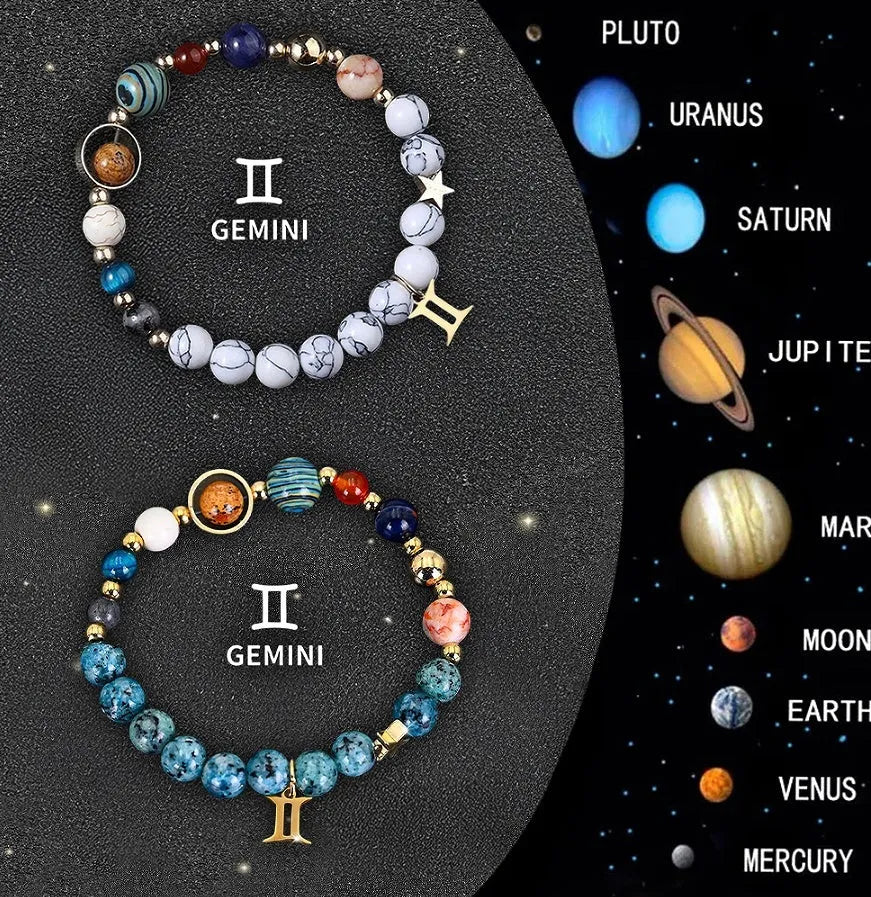 Two handmade natural stone beaded bracelets from a set of twelve zodiac sign designs.
