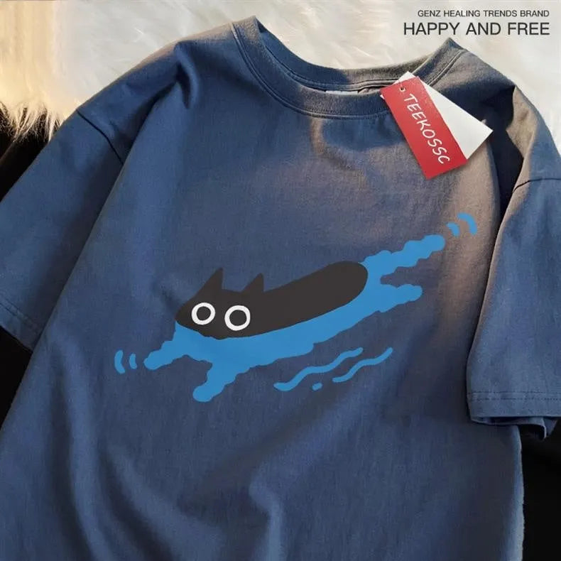 Plus size short sleeve cotton t-shirt for diving and swimming in black, blue, khaki, pink, or white.
