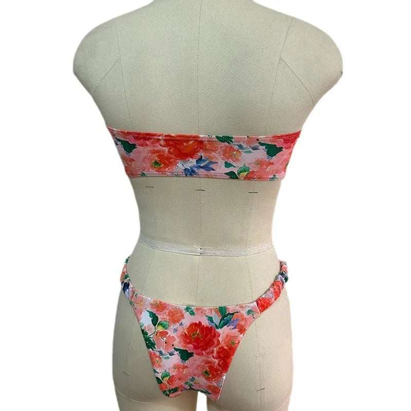 European and American style printed tube top bikini set with lace detailing and floral patterns