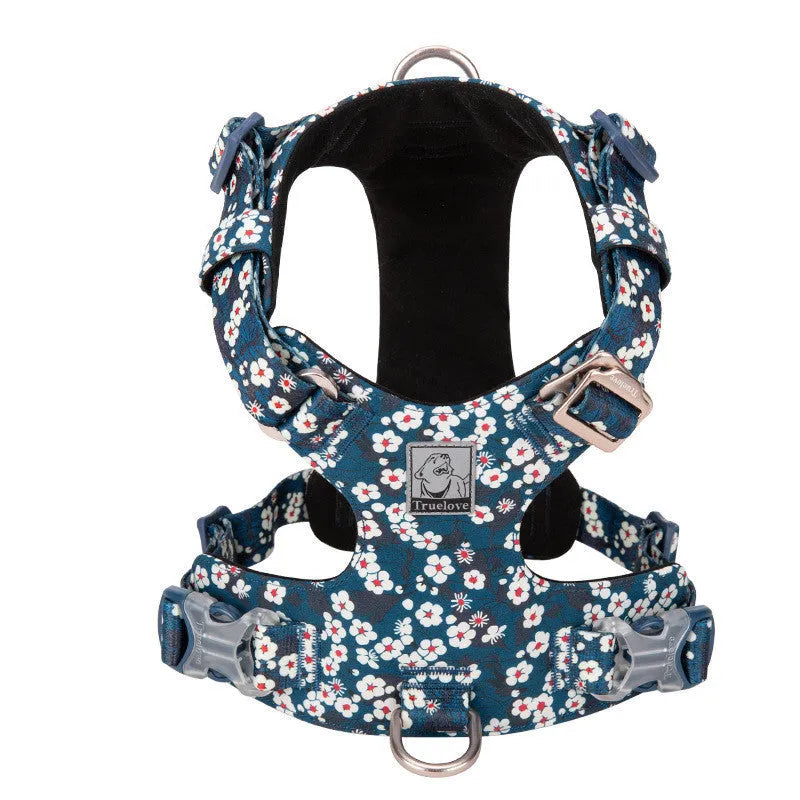Pure cotton dog harness in a floral pattern, showing the chest strap and pull-resistant design.