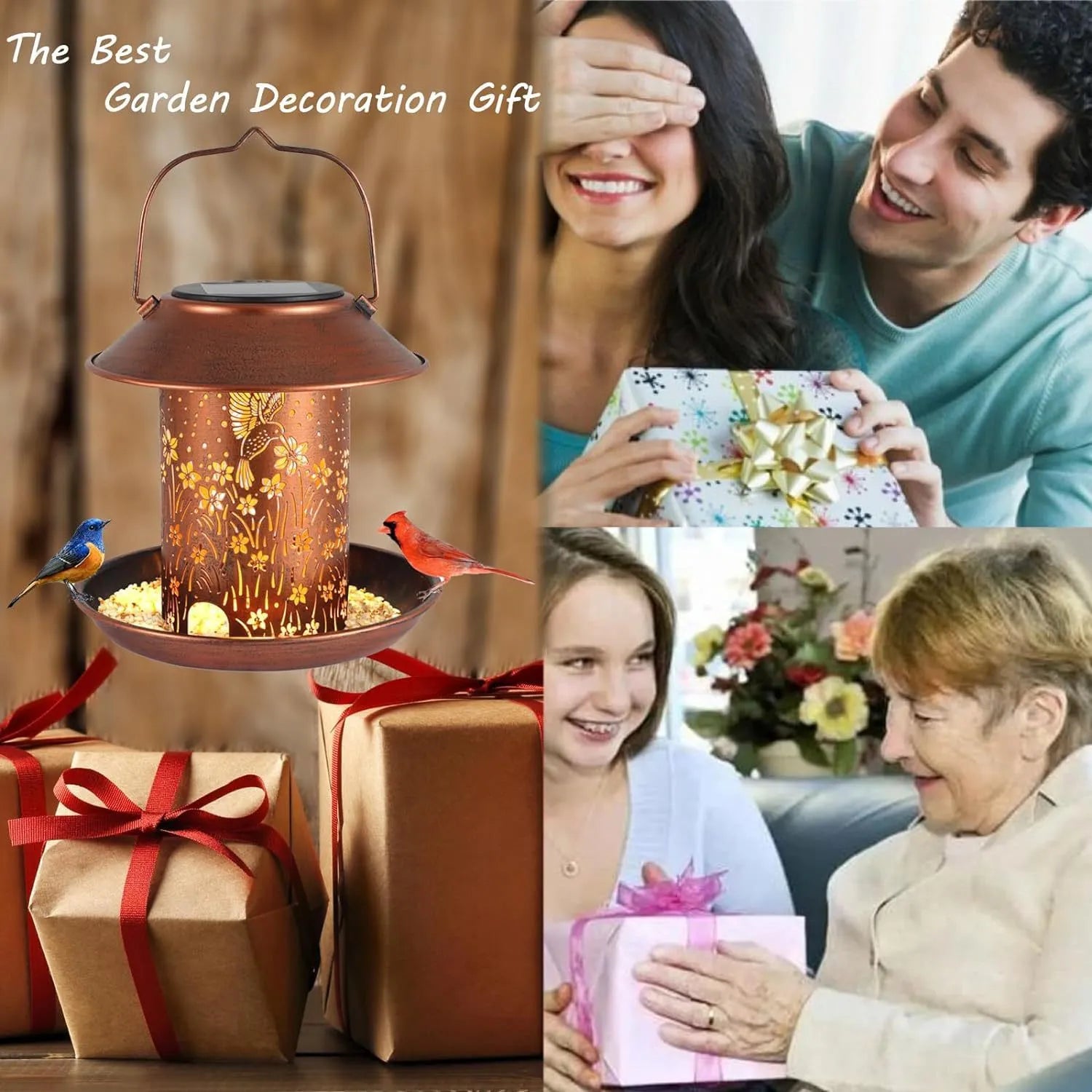 Solar-powered iron art bird feeder lamp with hummingbird pattern for outdoor gardens.