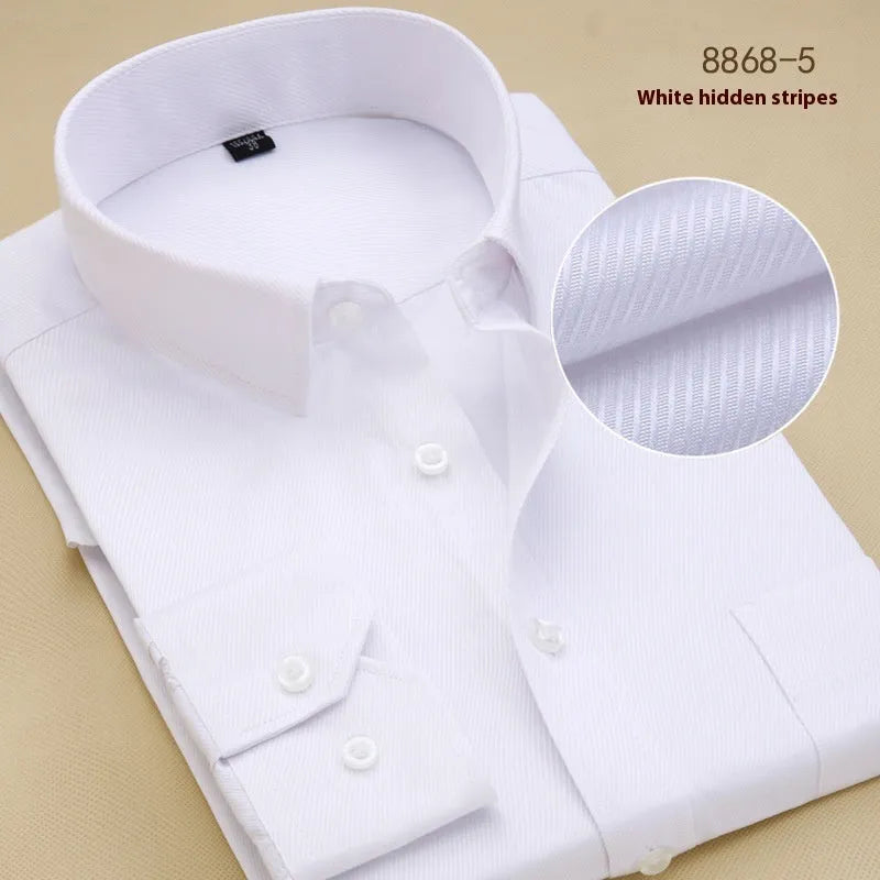 Men's black slim fit cotton business shirt with cardigan collar on a hanger