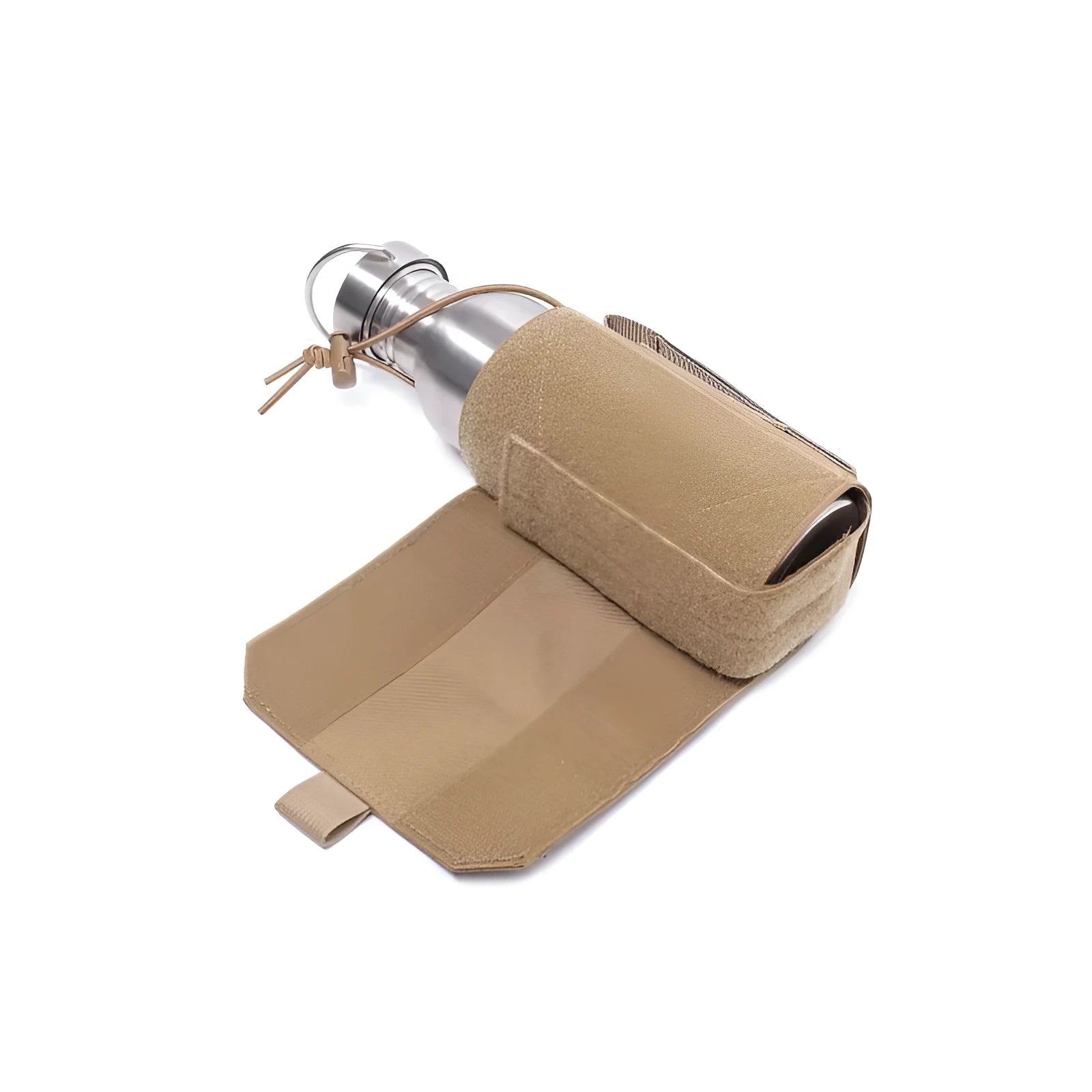 Outdoor adjustable bottle cover made from black Oxford cloth with a khaki PU lining.