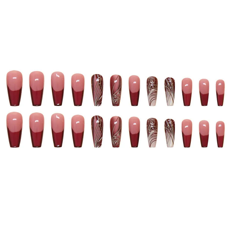French line pattern fake nails with glue on white background