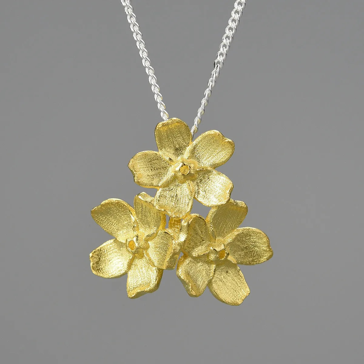 Sterling silver Myosotis sylvatica floral pendant in pastoral open mouth design without chain