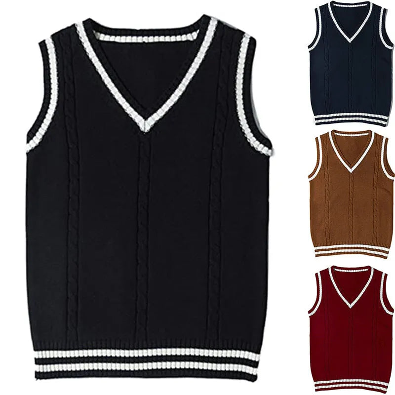 Women's slim-fit V-neck knitted waistcoat with striped stitching in acrylic fibre