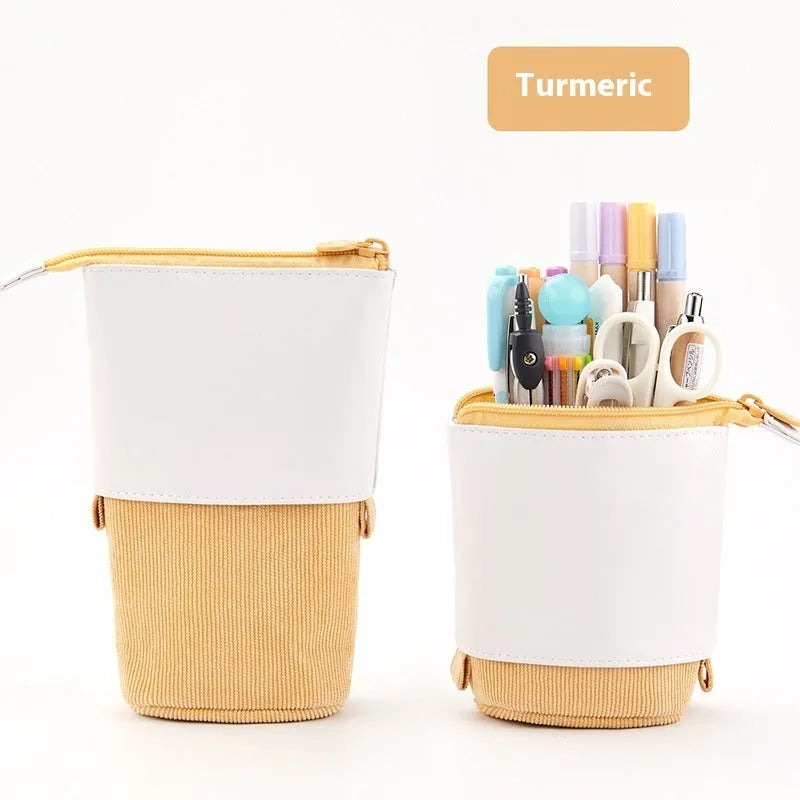 Korean style telescopic drop-down stationery case in six PU corduroy colour options