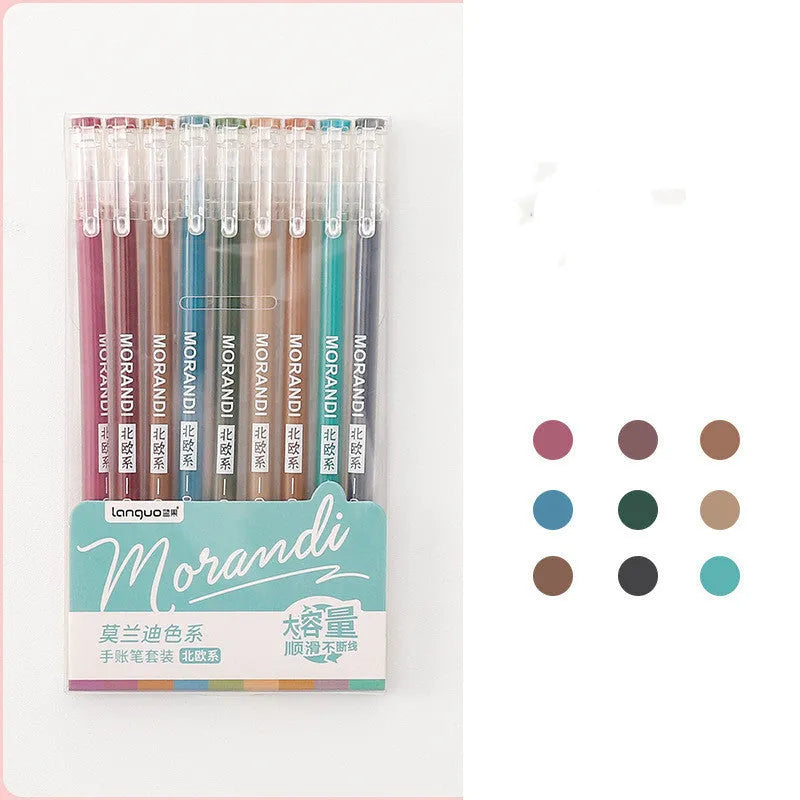 Retro style gel pen set with nine 0.5mm needle tip pens in plastic case measuring 15.2x8.5cm