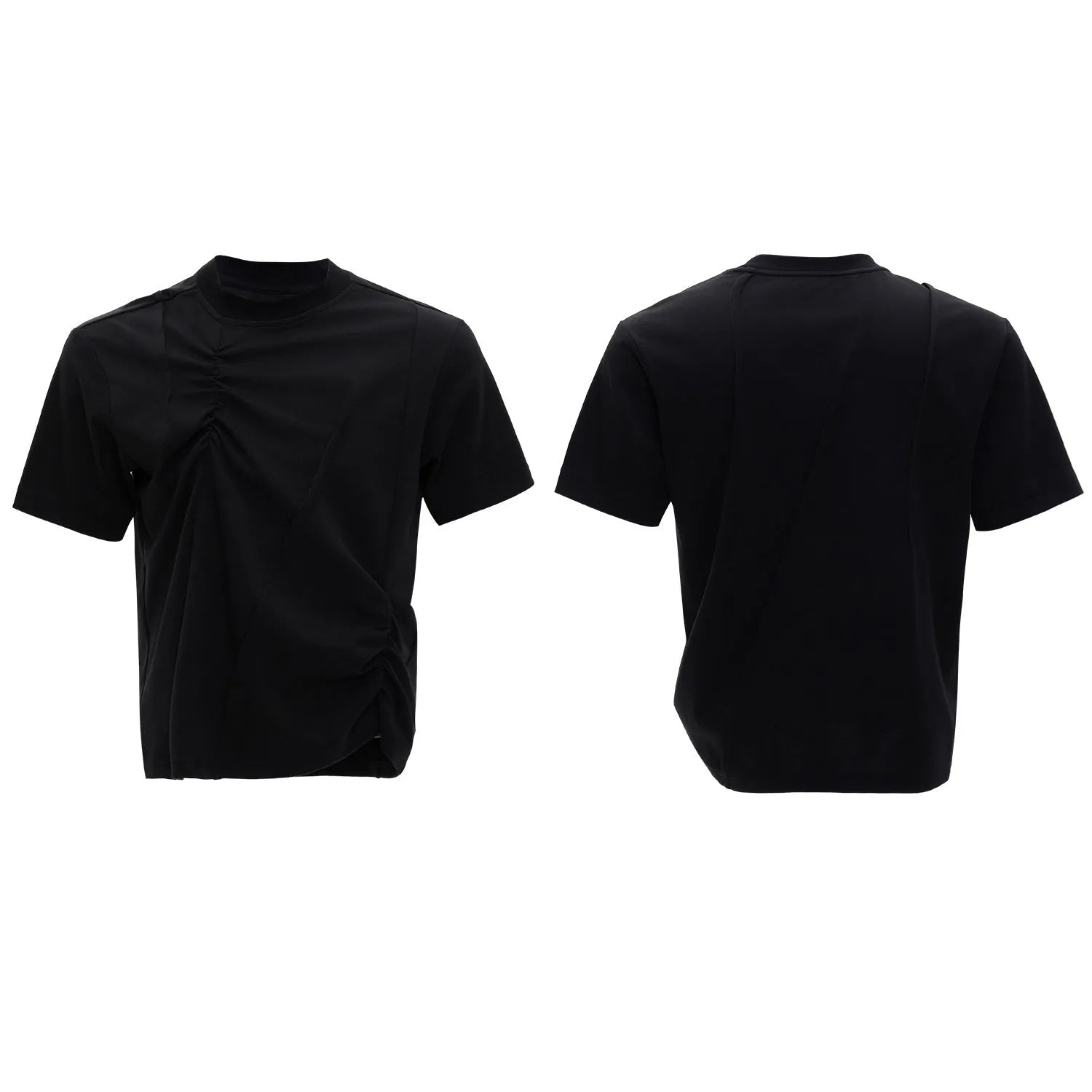 Men's cotton T-shirt with three-dimensional pleats and asymmetric stitching in black colour